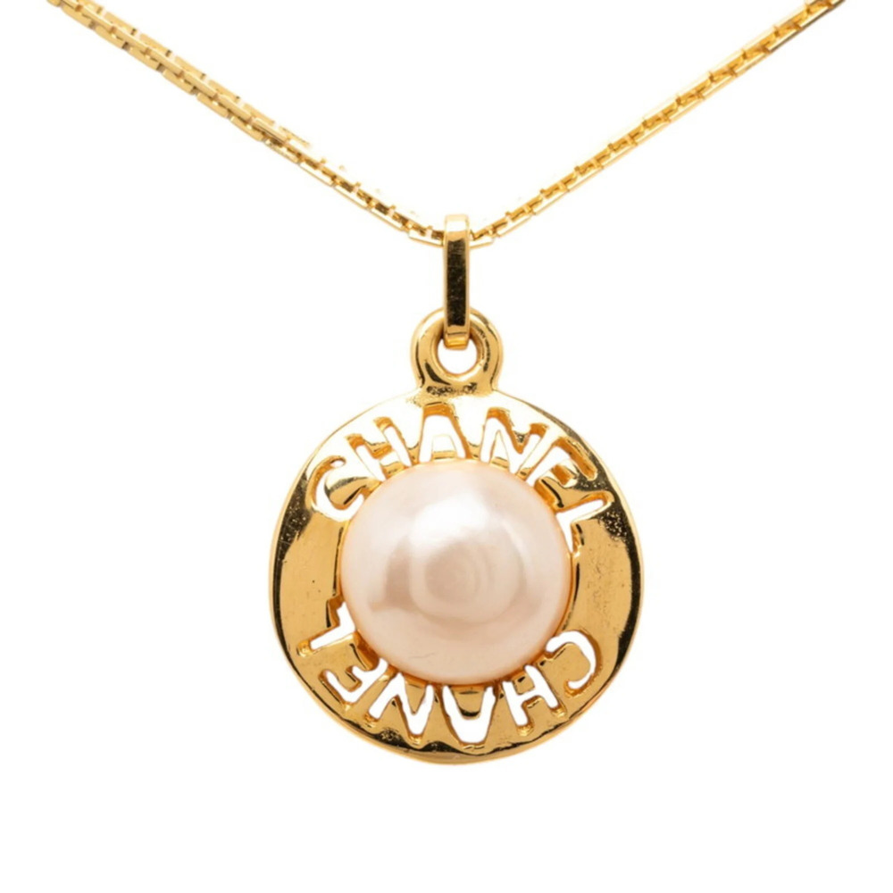 Chanel Logo Round Pendant Necklace, Gold Plated, Faux Pearl, Women's CHANEL